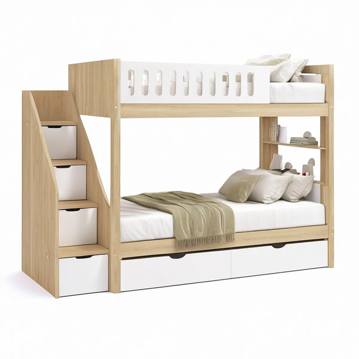 Etagenbett in Eicheoptik/Weiss mit Stauraumtreppe, Schubladen und Regal, 2 x 90 x 200 cm