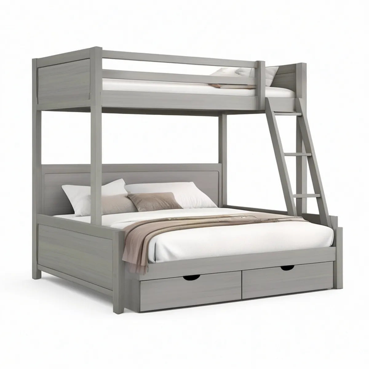 Graues Etagenbett aus massivem Kiefernholz, oben 90 x 200 cm, unten 140 x 200 cm