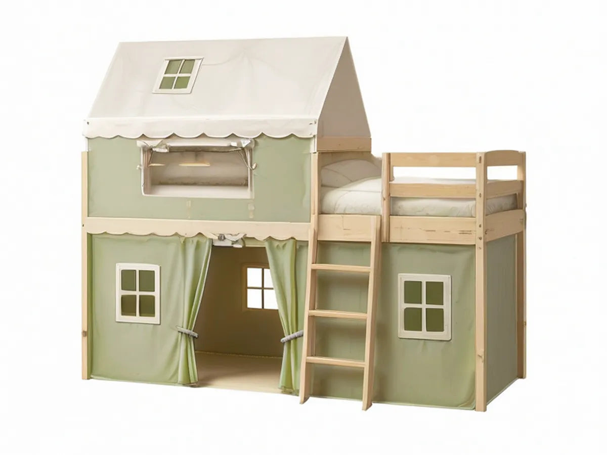 Kinder-Hochbett mit Spielhaus, 90 x 200 cm, Kiefer-Massivholz, Natur/Salbeigrün/Weiss