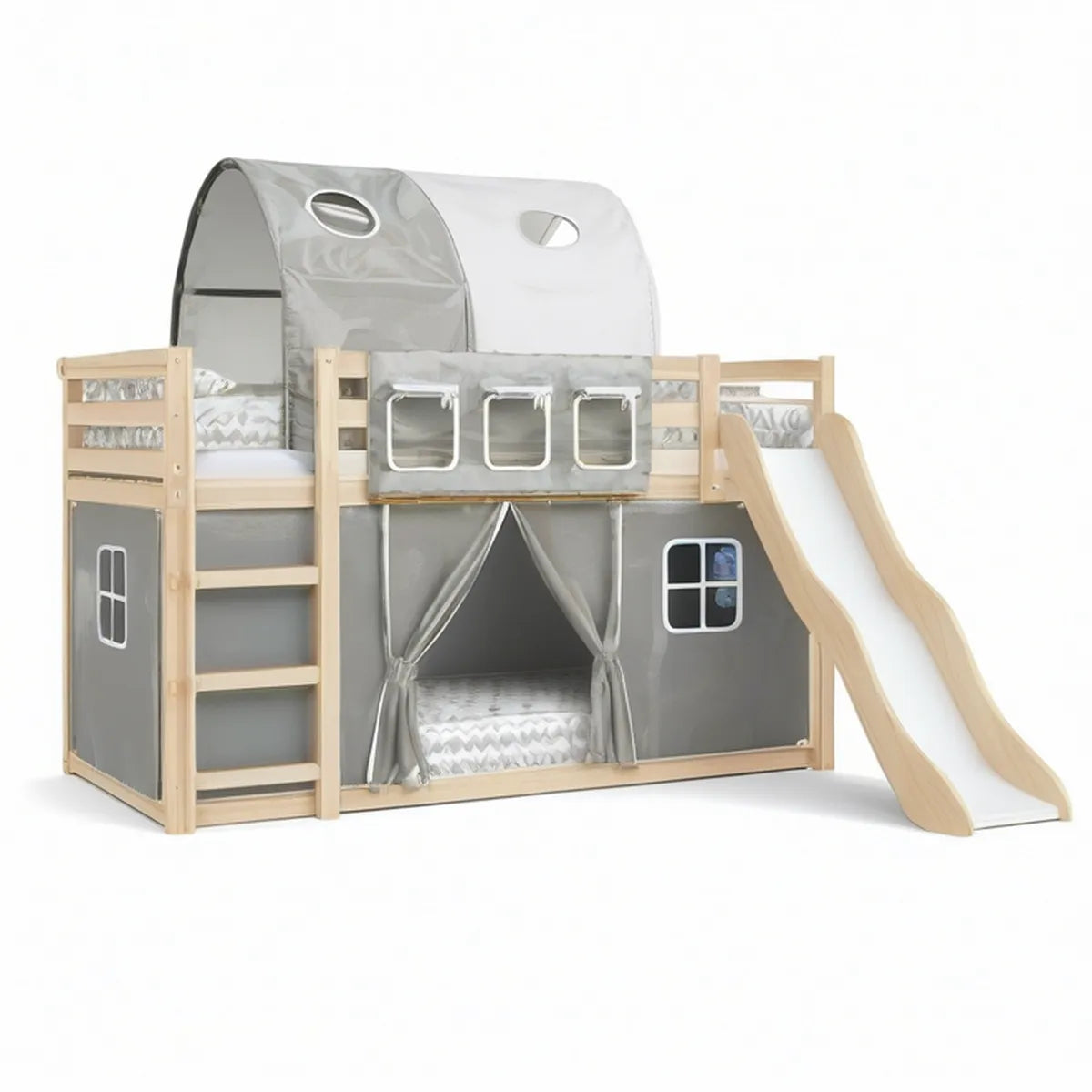 Kinderhochbett aus Kiefernholz mit Rutsche, Spielvorhängen und Dachzelt Natur/Grau/Weiss, Liegefläche 90 x 200 cm, Gesamtmass 208 x 210 x 210 cm