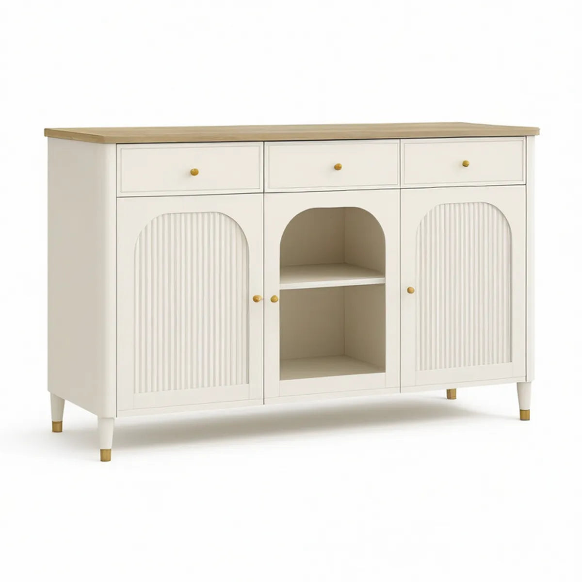 Weisses Sideboard mit Naturholzplatte, 3 Schubladen, 2 Türen und offenem Fach, 120 x 40 x 90 cm