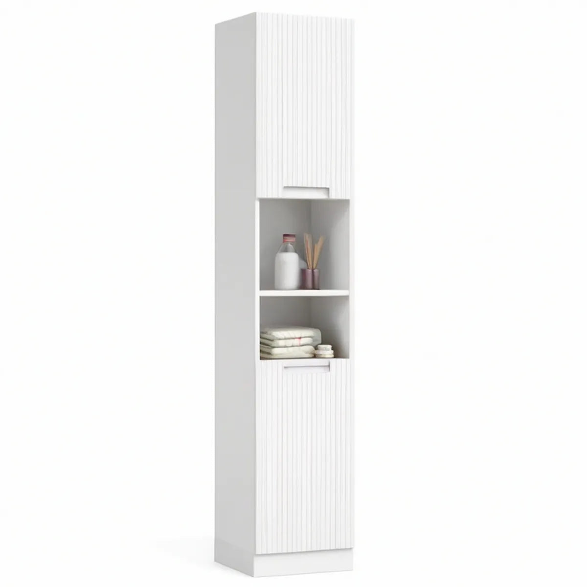 Badezimmer-Hochschrank Weiss mit 2 Türen und 2 offenen Fächern, 30 x 30 x 180 cm