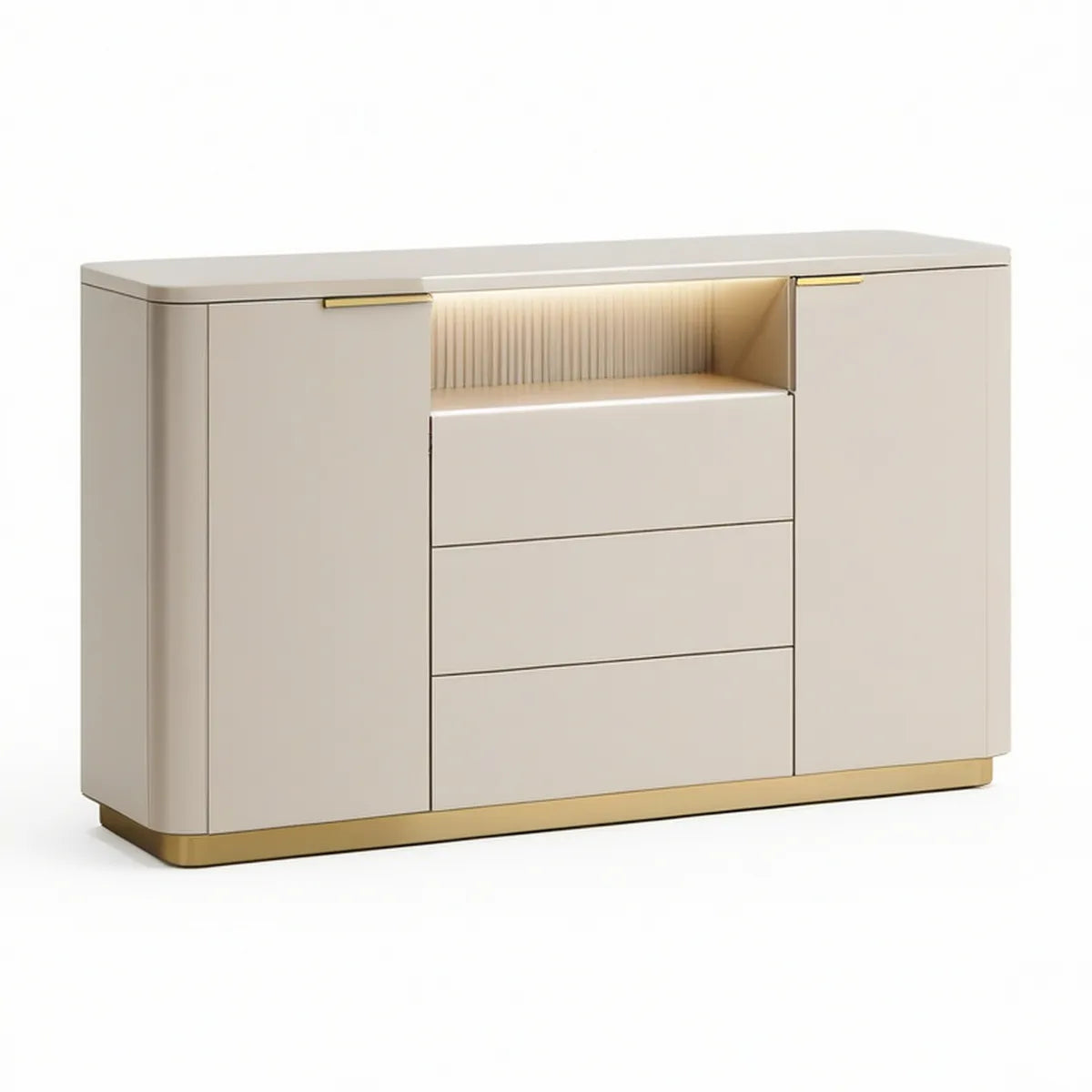 Sideboard mit 2 Türen, 3 Schubladen und LED-Fach, MDF Cremeweiss/Gold, 140 x 40 x 90 cm