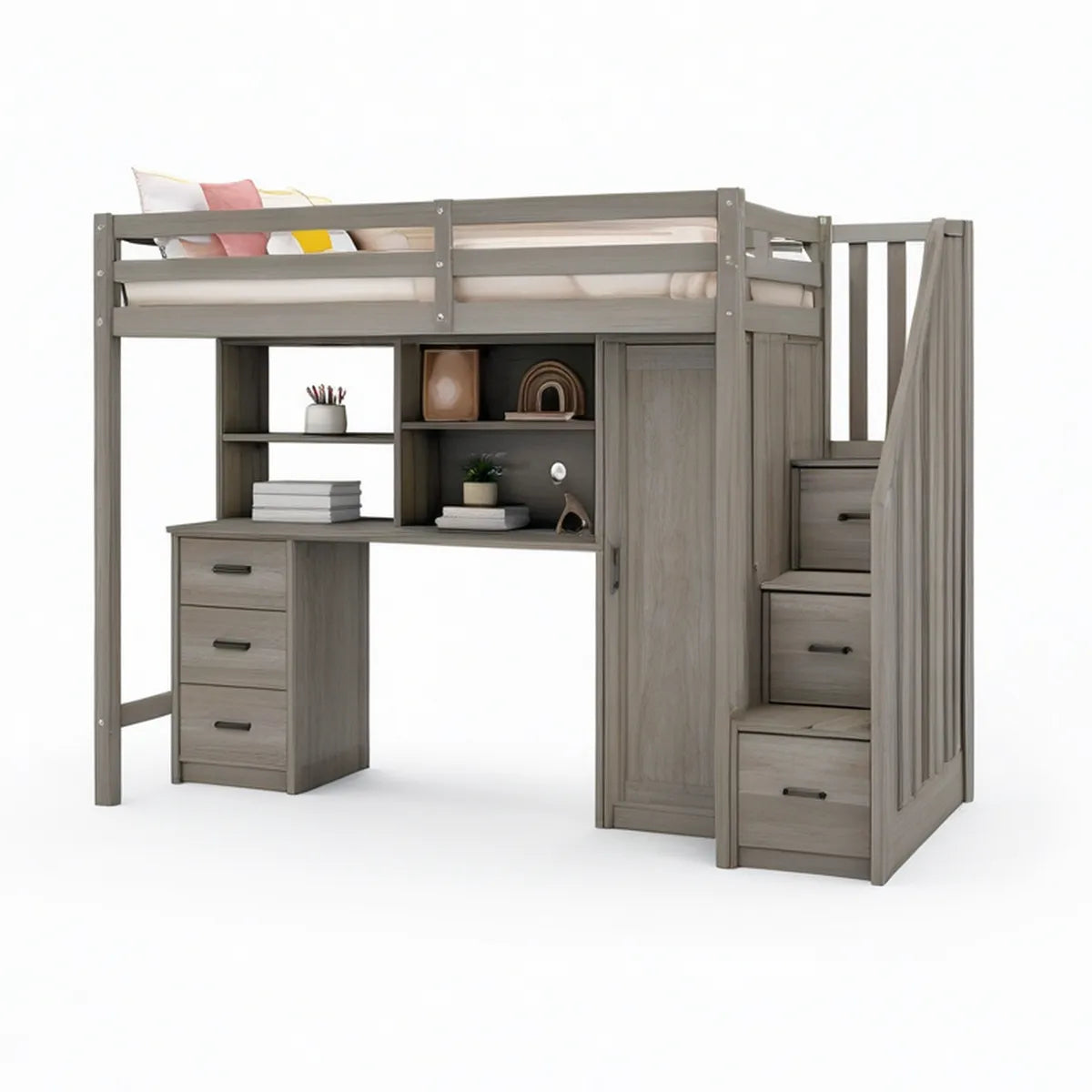 Hochbett 90 x 200 cm in Grau mit Schreibtisch, Schrank, Regal und Treppe, 206 x 105 x 180 cm