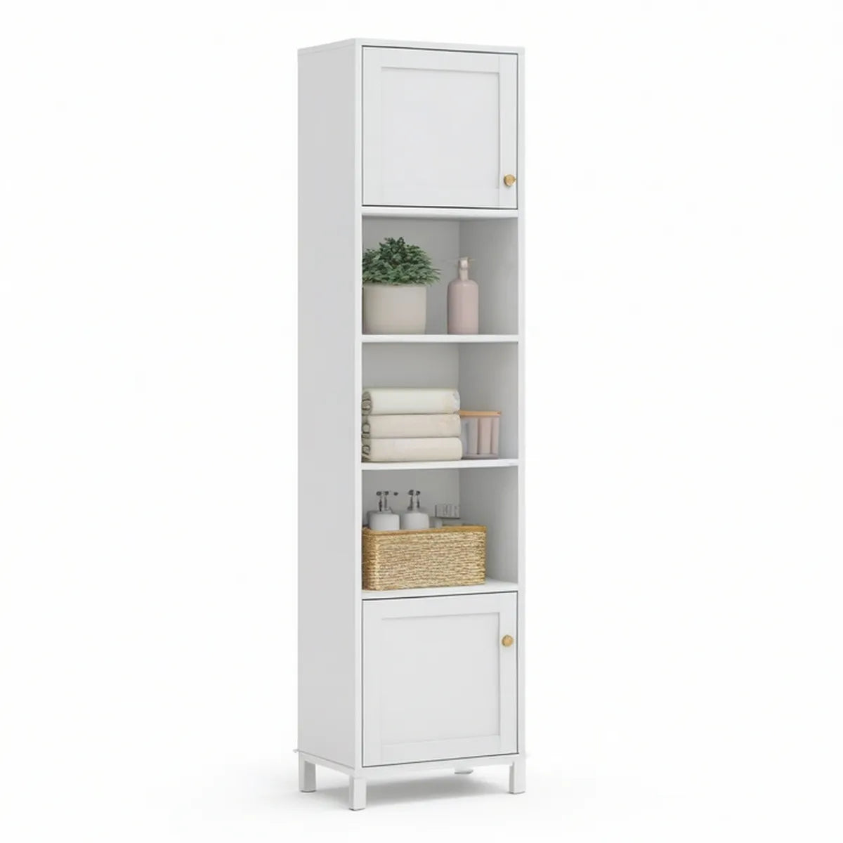 Hochschrank Weiss/Gold mit 2 Türen und 3 offenen Fächern, 170 x 30 x 30 cm