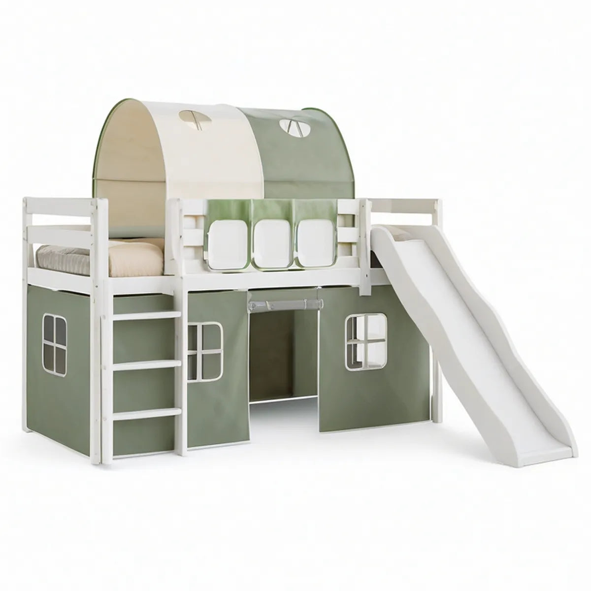 Kinderhochbett in Hausform mit Rutsche, Leiter und Spielbereich, 90 x 200 cm, Grün/Weiss