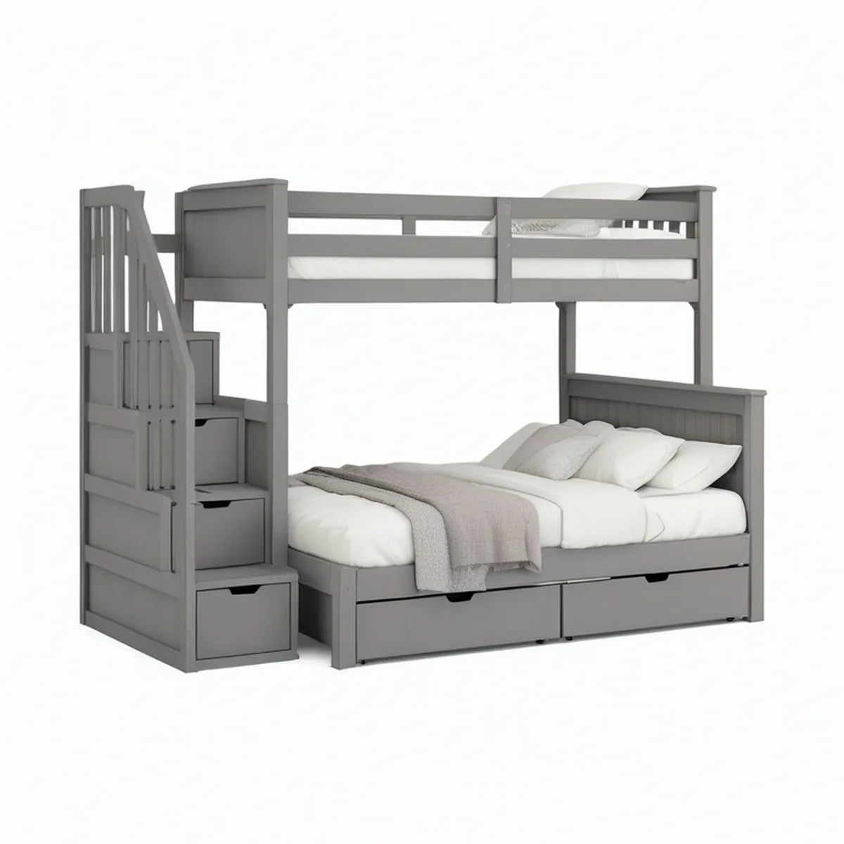 Graues Etagenbett aus Kiefernholz mit Treppe und Schubladen, 90 x 200 cm und 140 x 200 cm