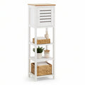 Badezimmer-Hochregal mit Schrank, MDF und Bambus, Weiss/Natur, 30 x 30 x 140 cm