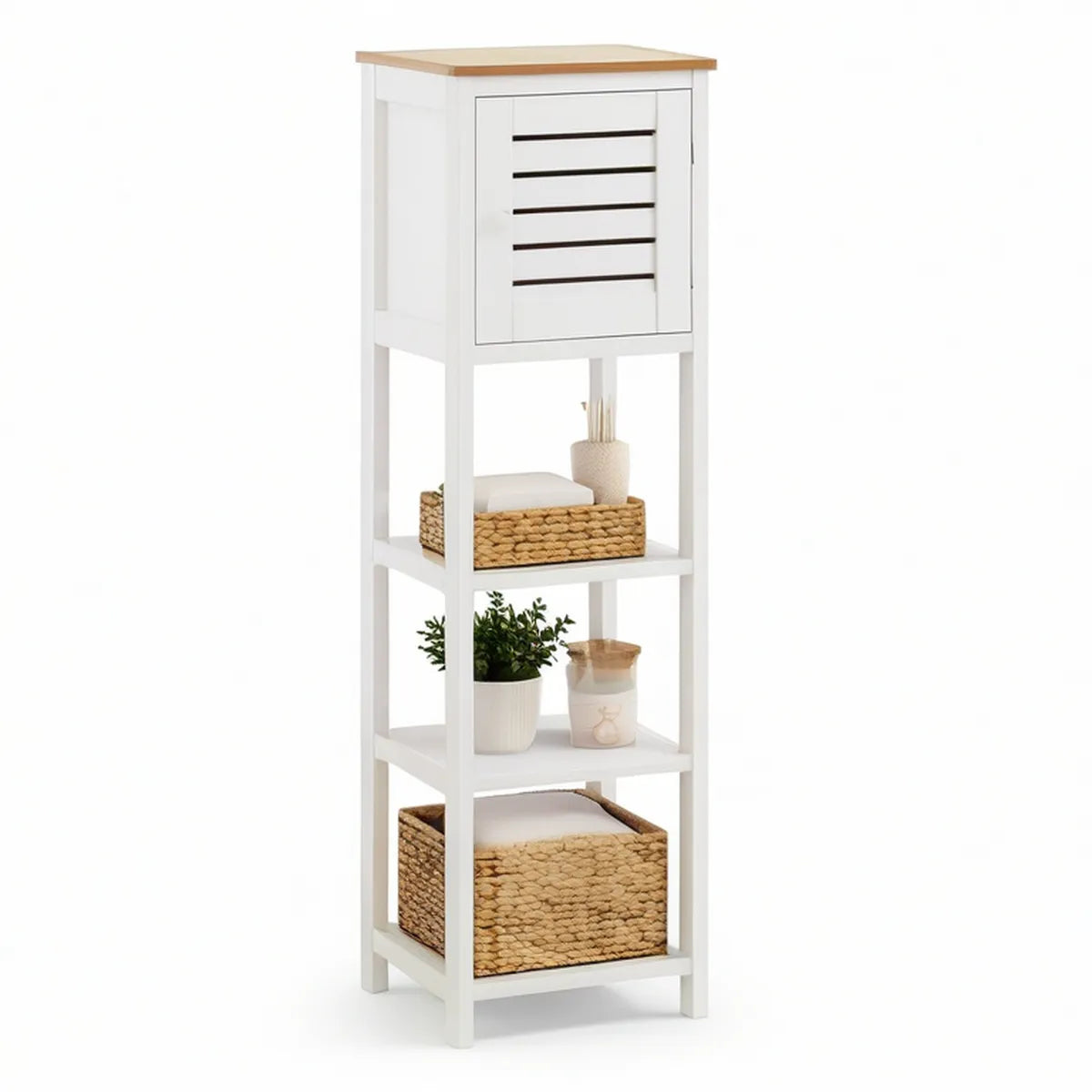 Badezimmer-Hochregal mit Schrank, MDF und Bambus, Weiss/Natur, 30 x 30 x 140 cm