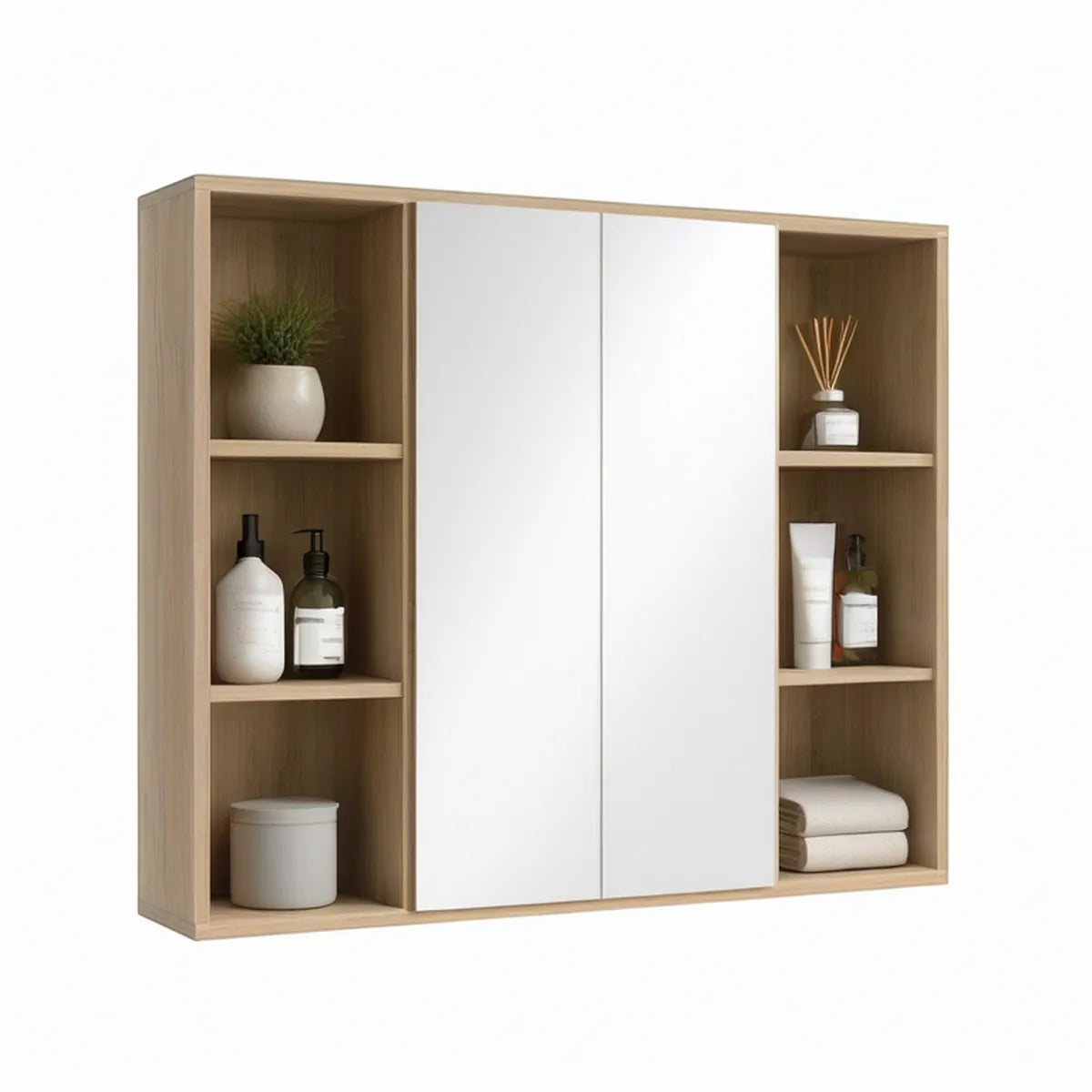 Spiegelschrank mit 2 Spiegeltüren und offenen Seitenregalen, 100 x 70 x 15 cm, Eiche Natur/Weiss