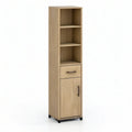 Badezimmer-Hochschrank in Eichenoptik Natur mit 3 offenen Fächern, Schublade und Tür, 35 x 30 x 170 cm