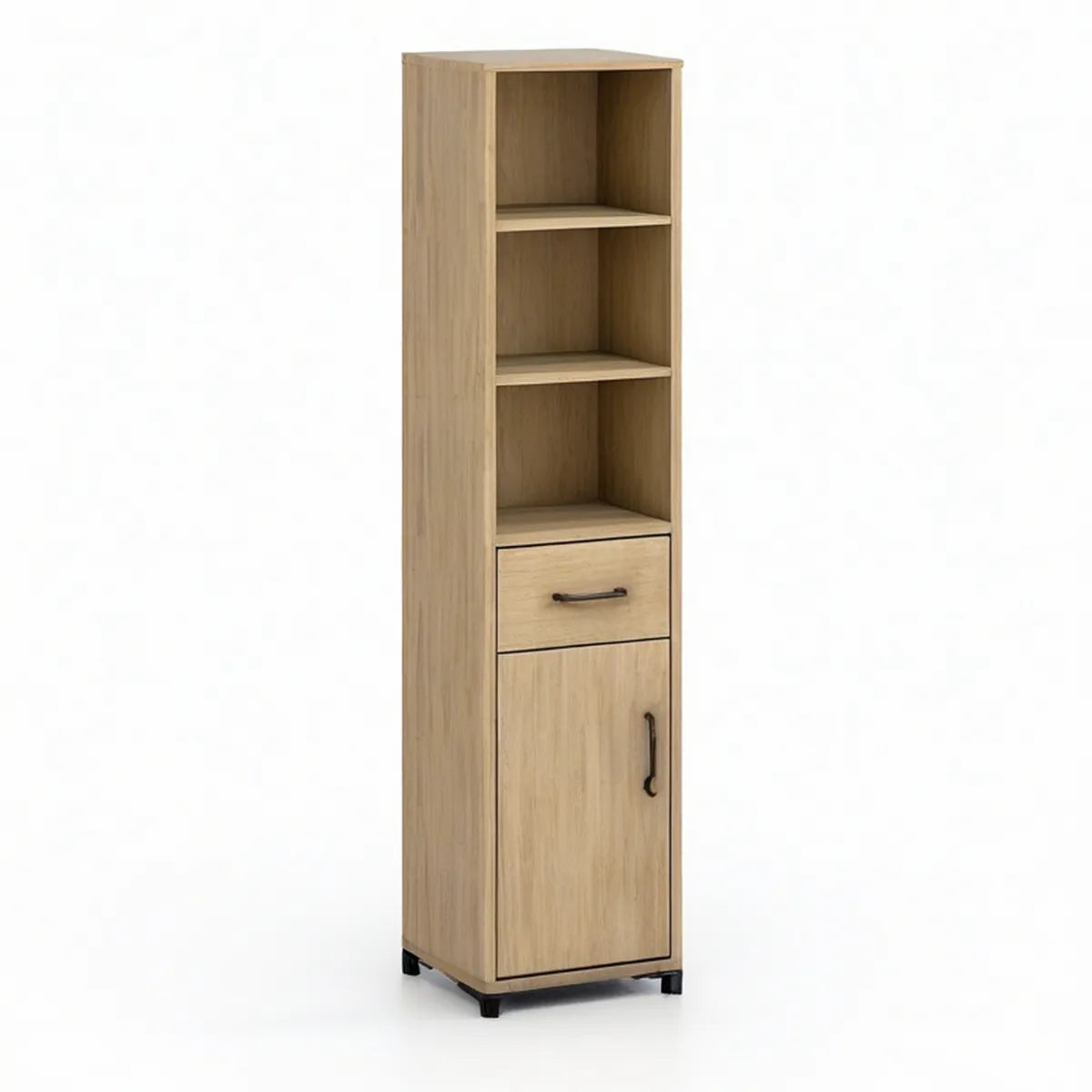 Badezimmer-Hochschrank in Eichenoptik Natur mit 3 offenen Fächern, Schublade und Tür, 35 x 30 x 170 cm