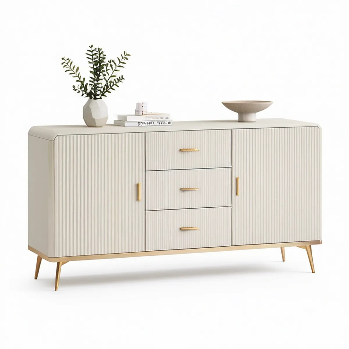 Sideboard aus MDF in Cremeweiss/Gold mit 3 Schubladen und 2 Türen, 160 x 40 x 85 cm