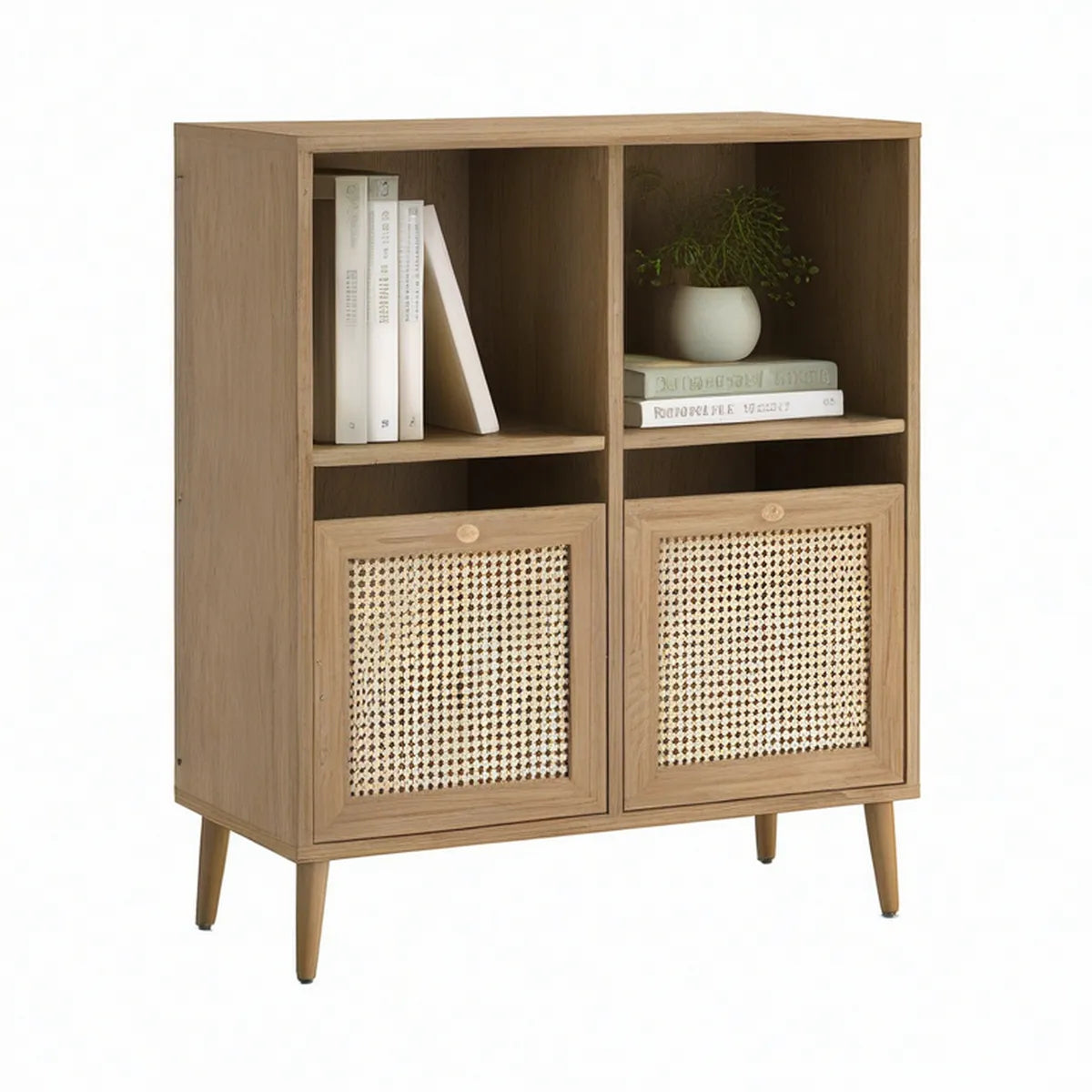Sideboard mit 2 Türen, 2 offenen Fächern und Rattan-Einsätzen, Naturbraun, 80 x 40 x 120 cm