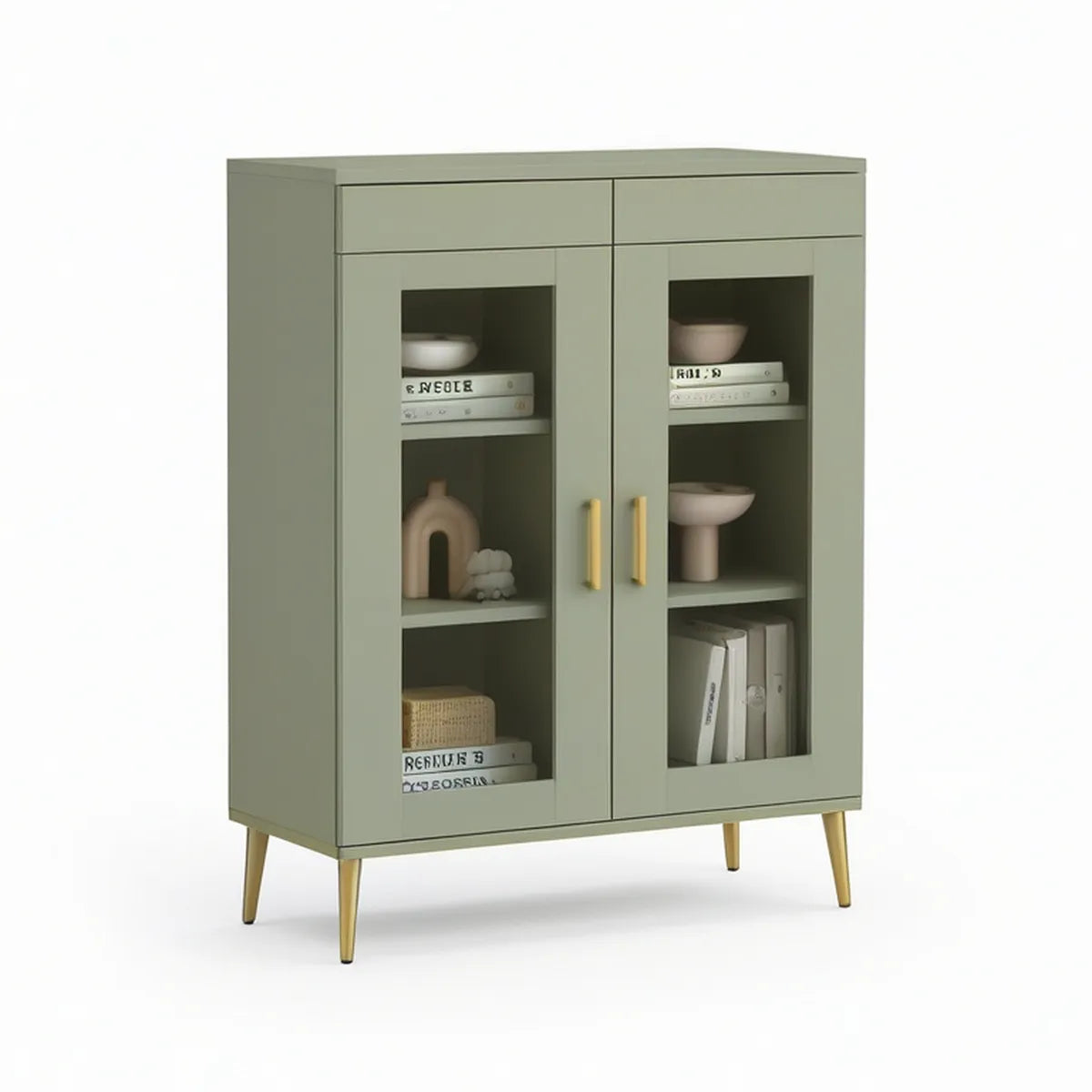 Vitrine mit 2 Glastüren und 2 Schubladen, 90 x 40 x 120 cm, Salbeigrün/Goldfarben