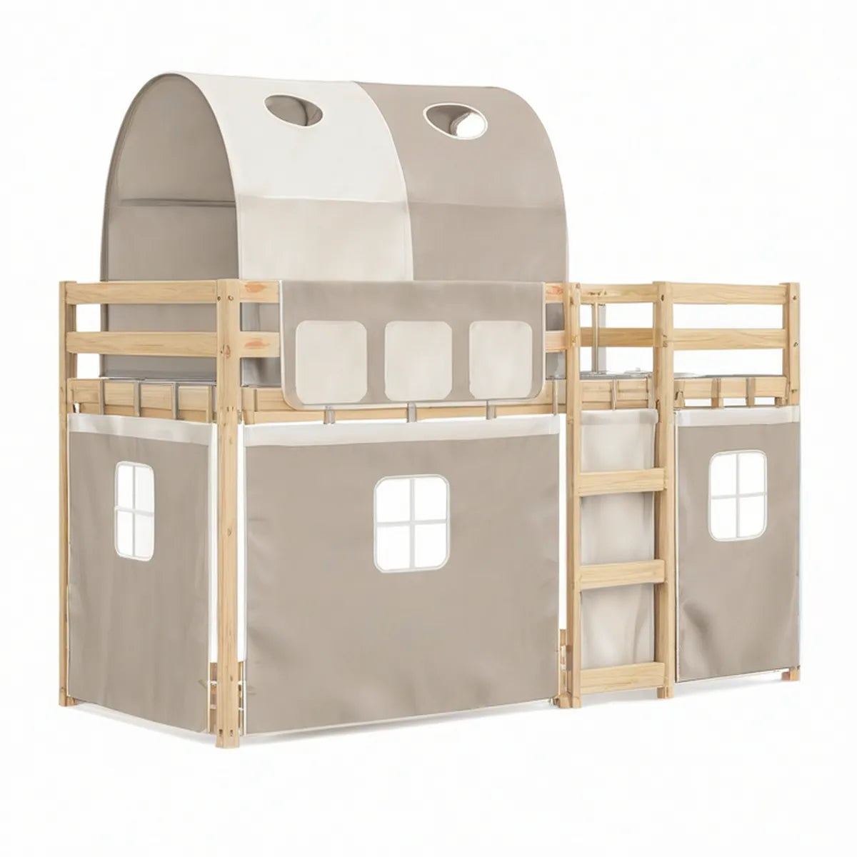 Kinder-Hochbett aus Kiefernholz mit Spielzelt, Natur/Beige/Weiss, Liegefläche 90 x 200 cm