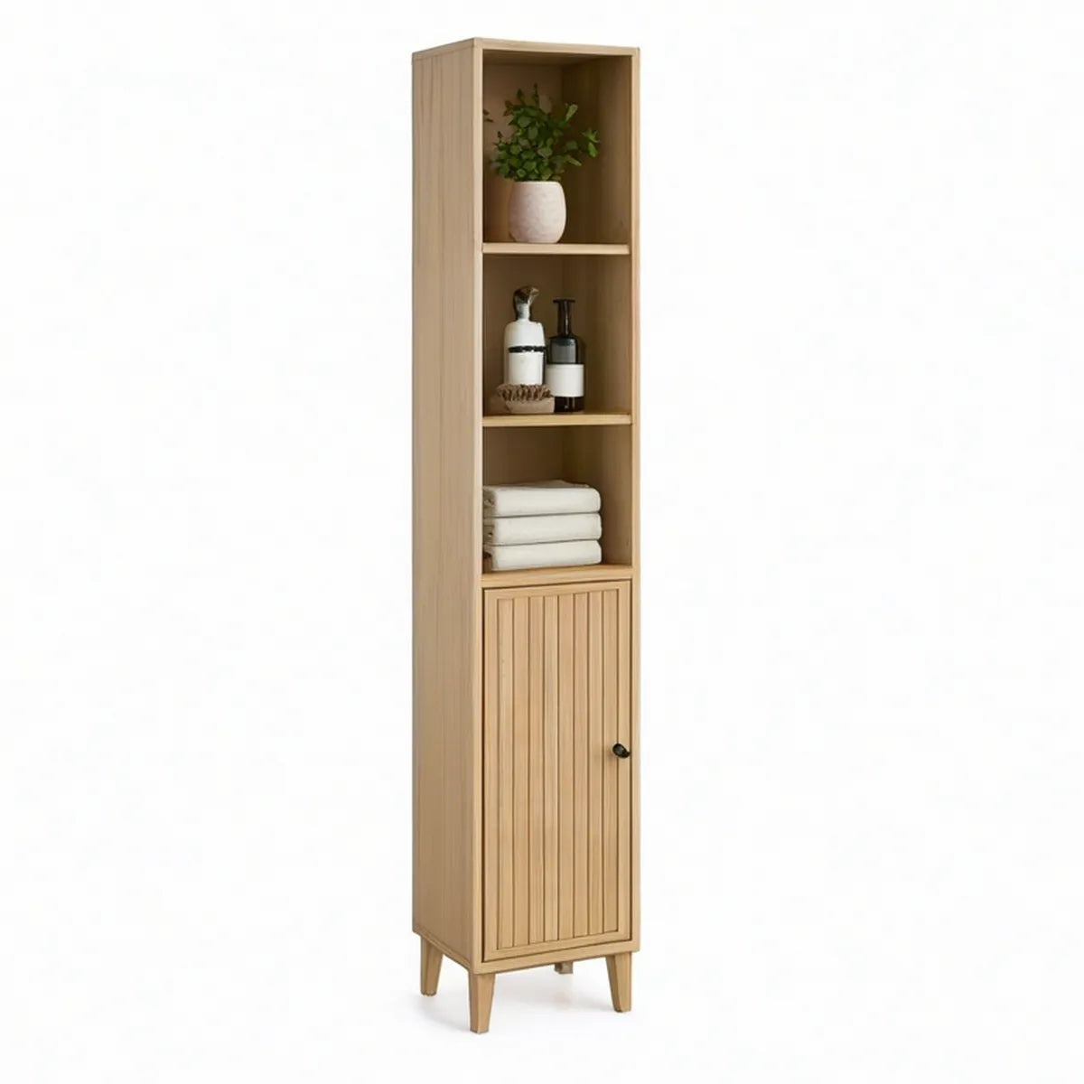 Badezimmer-Hochschrank Eiche Natur mit 3 offenen Fächern und Lamellentür, 40 x 35 x 180 cm