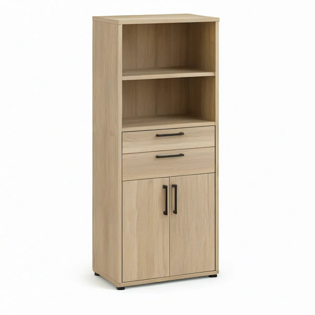 Hochschrank in Eiche Natur mit schwarzen Griffen, 2 Türen, 2 Schubladen und 2 offenen Fächern, 60 x 40 x 180 cm
