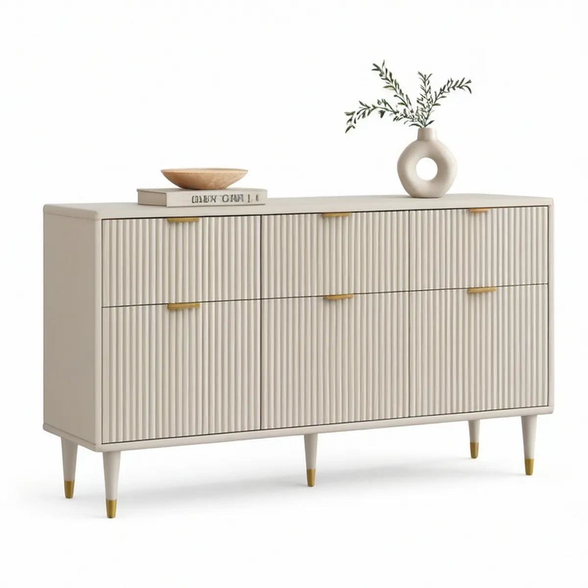 Modernes Möbelstück 160 x 40 x 85 cm aus MDF in Cremeweiss mit 4 geriffelten Türen
